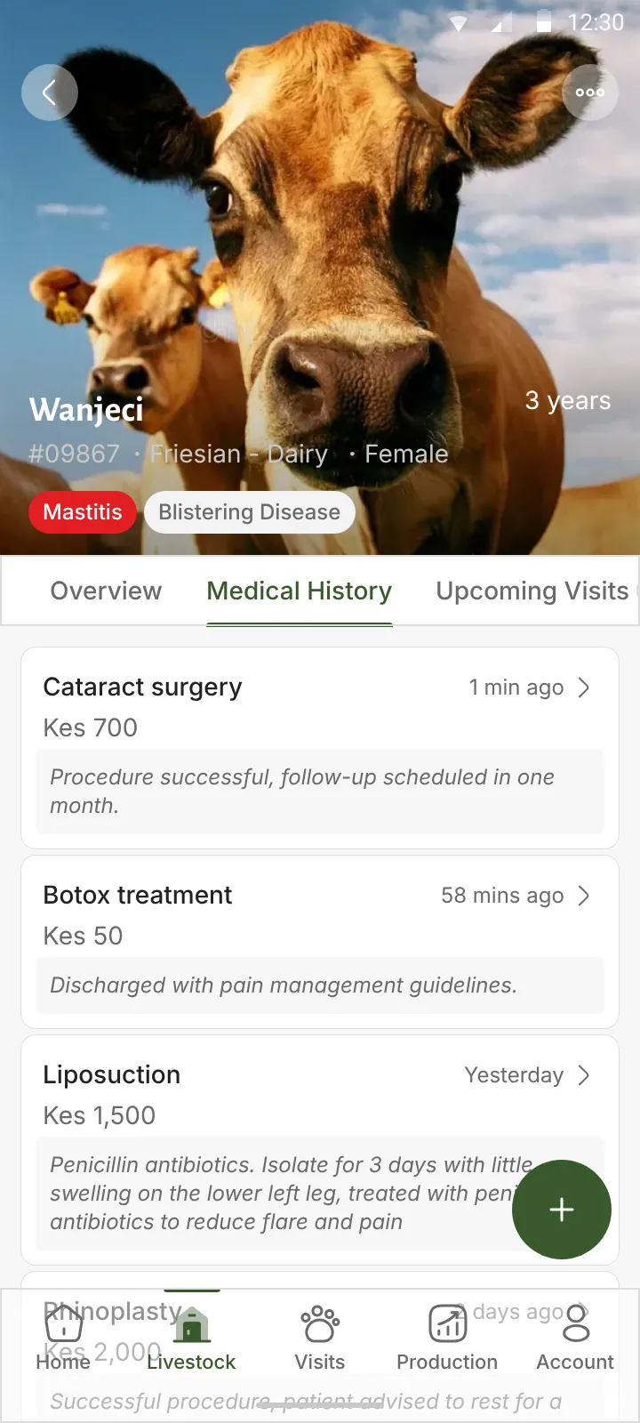 Animal details with medical history