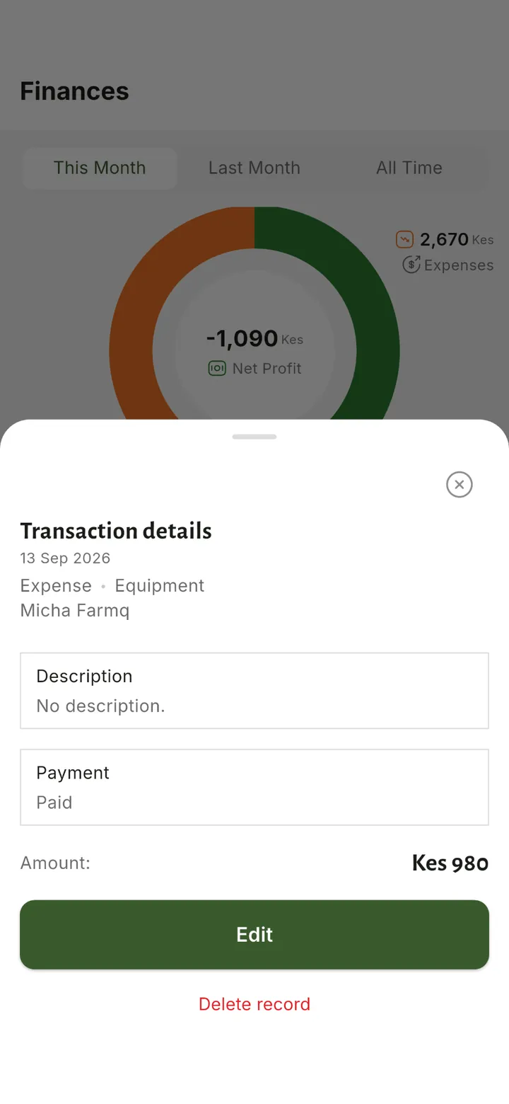 Transaction details with edit and delete