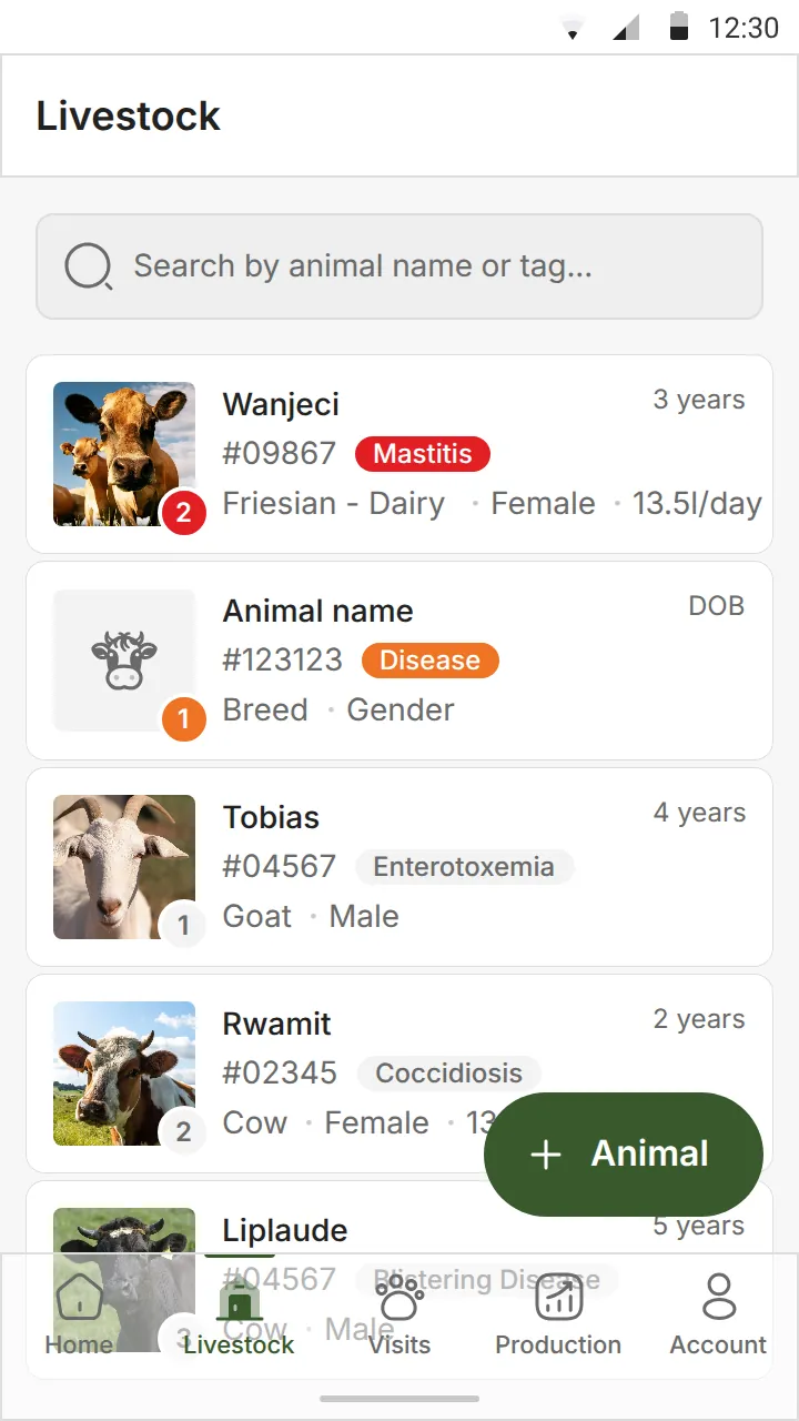 Farmer app: livestock list with health tags