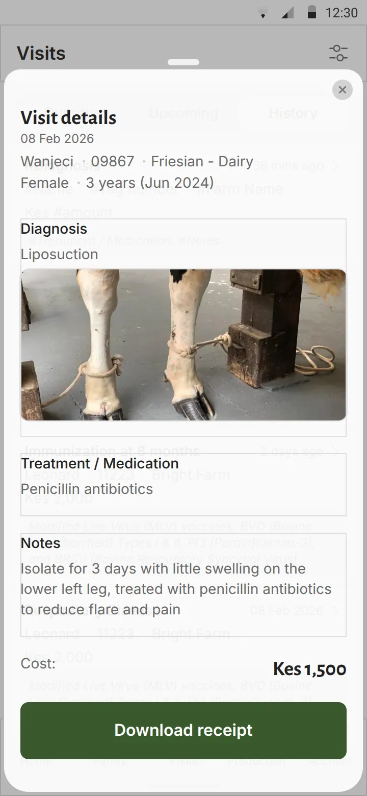 Farmer app: visit details with treatment and cost