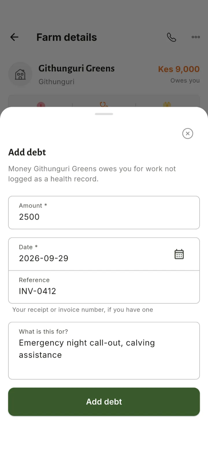 Add a debt such as a call-out fee