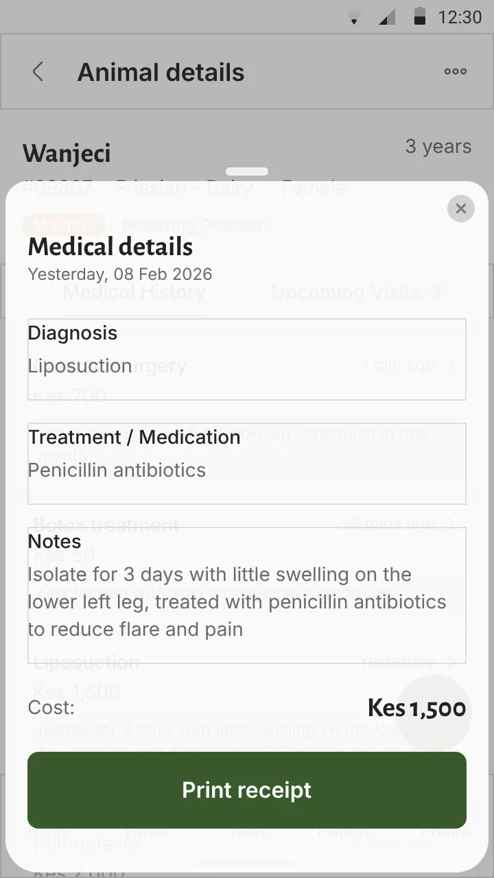 Vet app: medical record for one animal