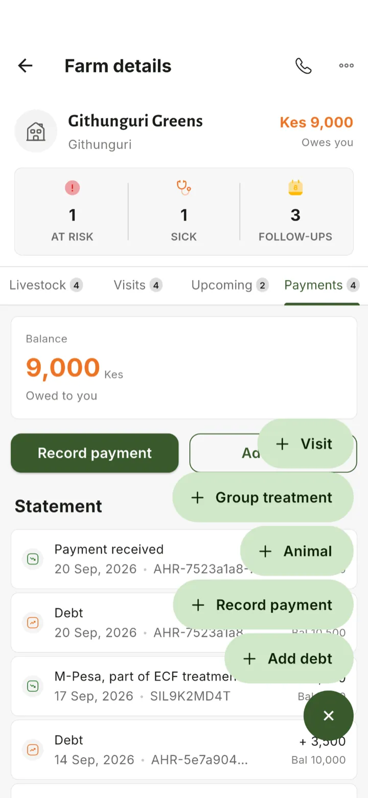Record a payment or add a debt from any farm tab