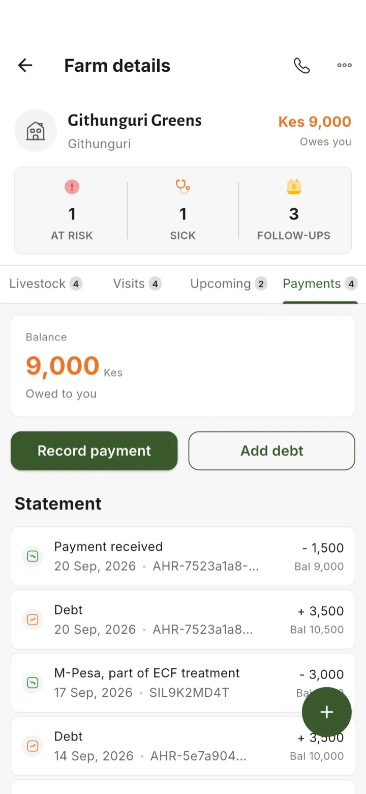 A farm's payments statement with its running balance