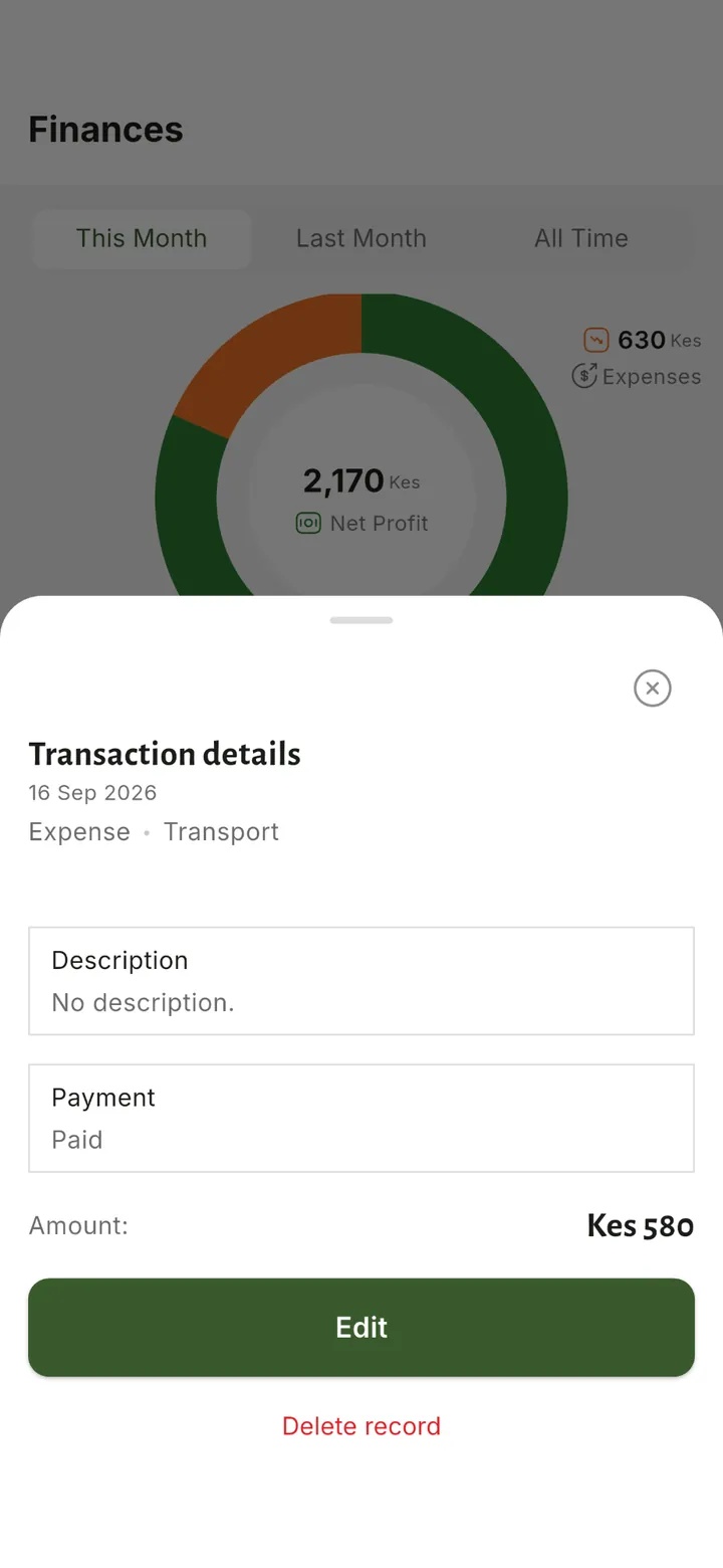 Transaction details with edit and delete