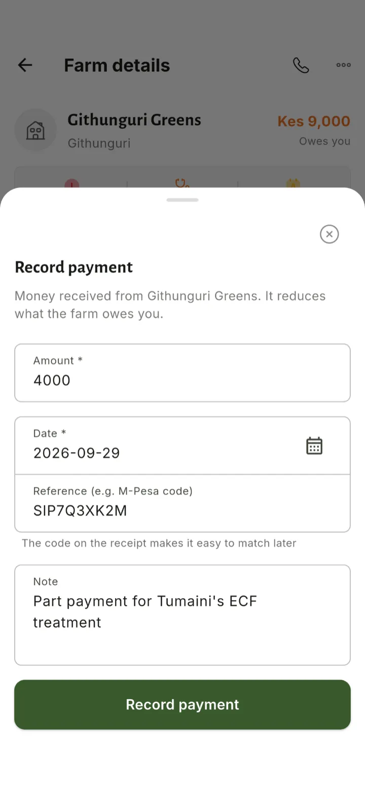 Record an M-Pesa payment from a farm