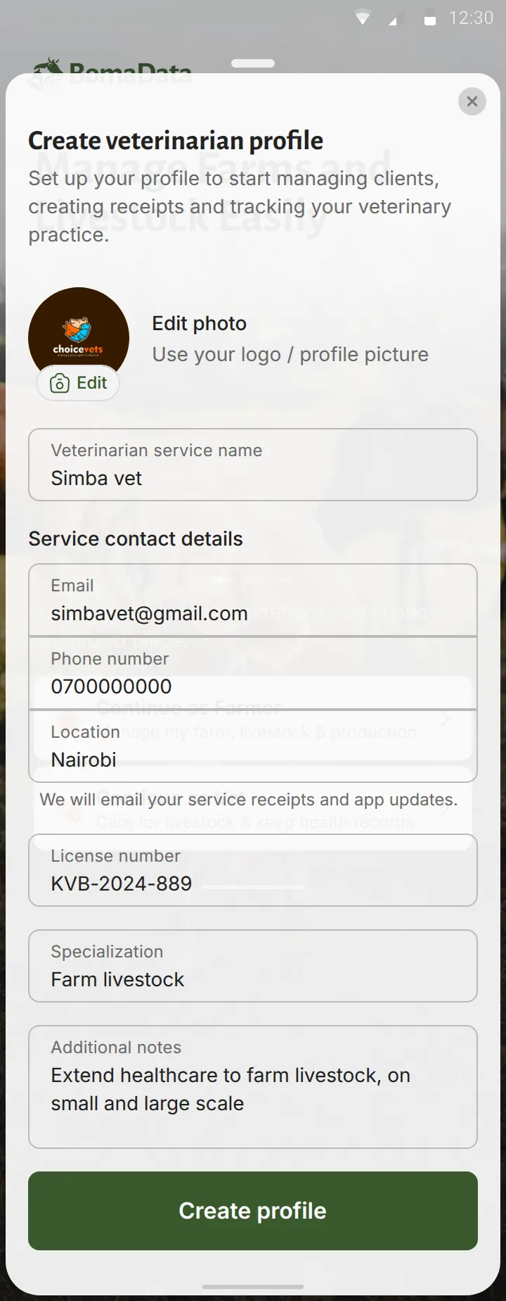 Vet profile setup