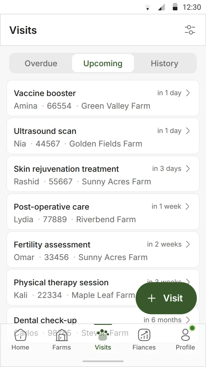 Vet app: upcoming visits across farms